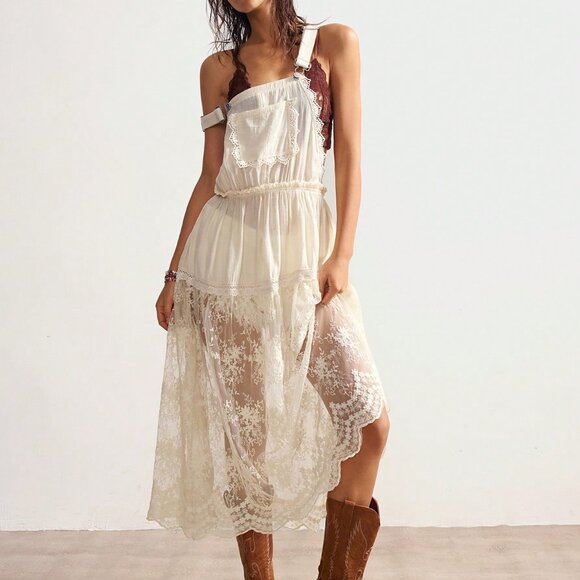 Apricot Casual Women's Woven Splice Lace Trim Loose Cami Midi Dress - Picture 5 of 7